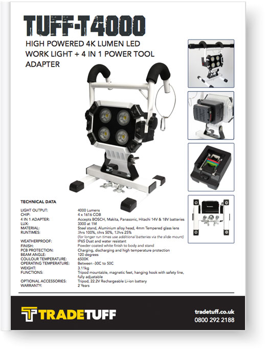 Tuff-T4000 Rechargeable + 4 in 1 Power Tool Adapter Datasheet