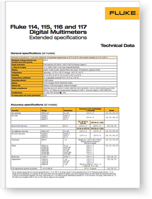 Fluke 114 115 116 117 Digital Multimeters - Extended Spec