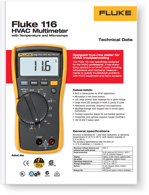 Fluke 116 HVAC Multimeter - Data Sheet