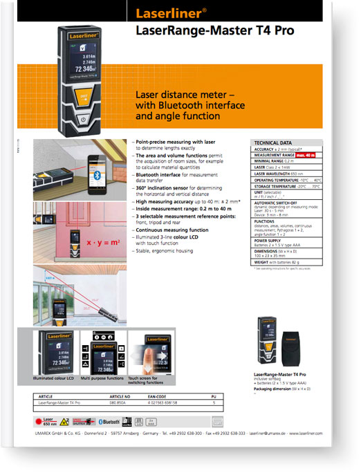 Laserliner LaserRange-Master T4 Pro - Data Sheet