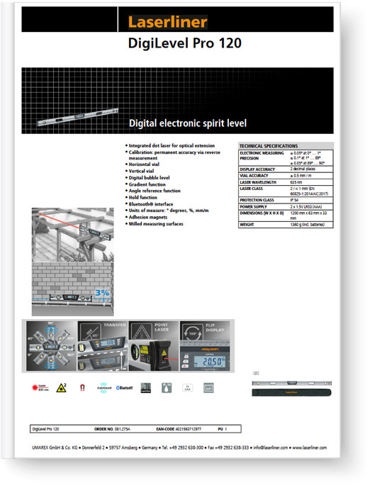 Laserliner DigiLevel Pro BT 120 - Data Sheet