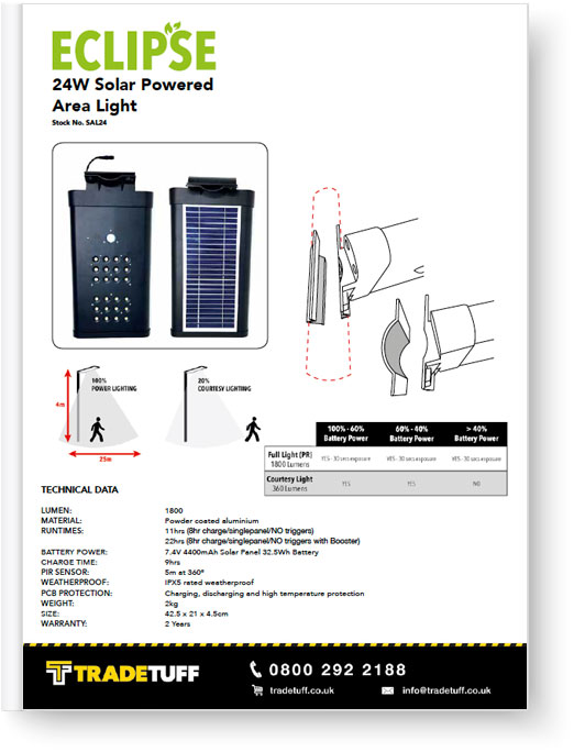 Eclipse 24W Solar Powered Light and Booster - Data Sheet